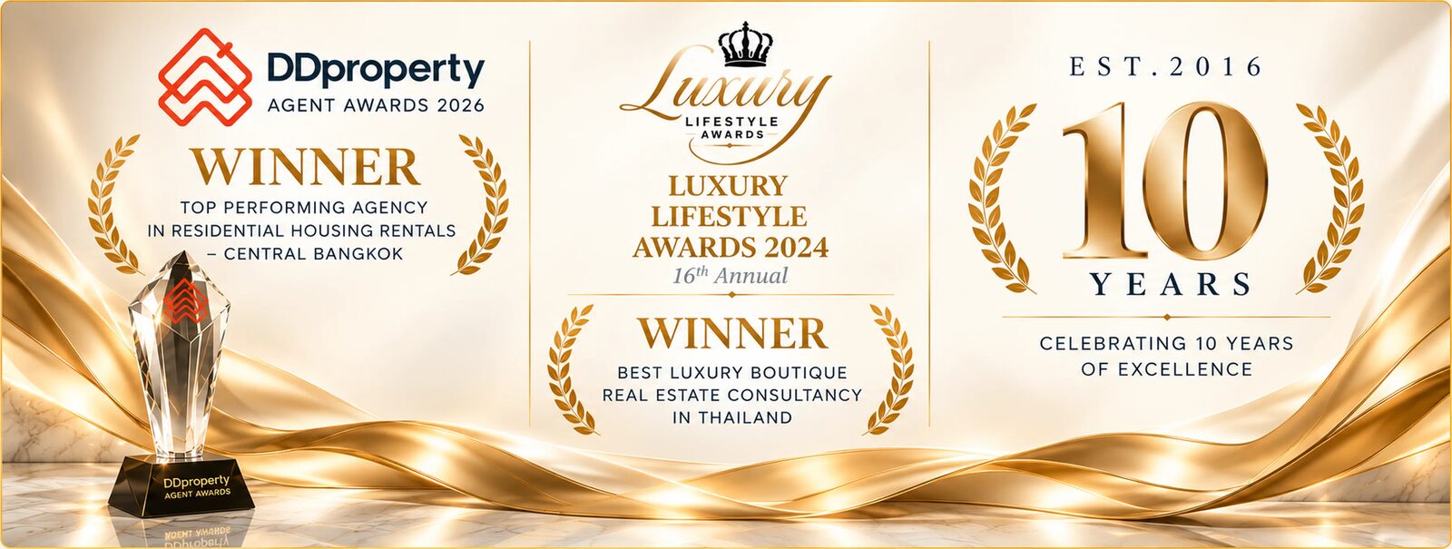 DDproperty Agent Awards 2026 winner: Top Performing Agency in Residential Housing Rentals, Central Bangkok. Luxury Lifestyle Awards 2024 winner: Best Luxury Boutique Real Estate Consultancy in Thailand. Established 2016, celebrating 10 years of excellence.